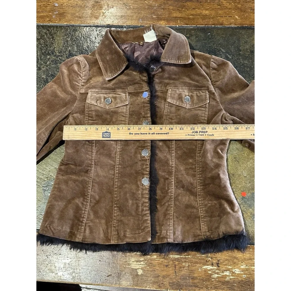 Vintage Y2K Brown‎ Corduroy Faux Fur Trim Jacket Girls Sz 12 Metal Buttons 2002